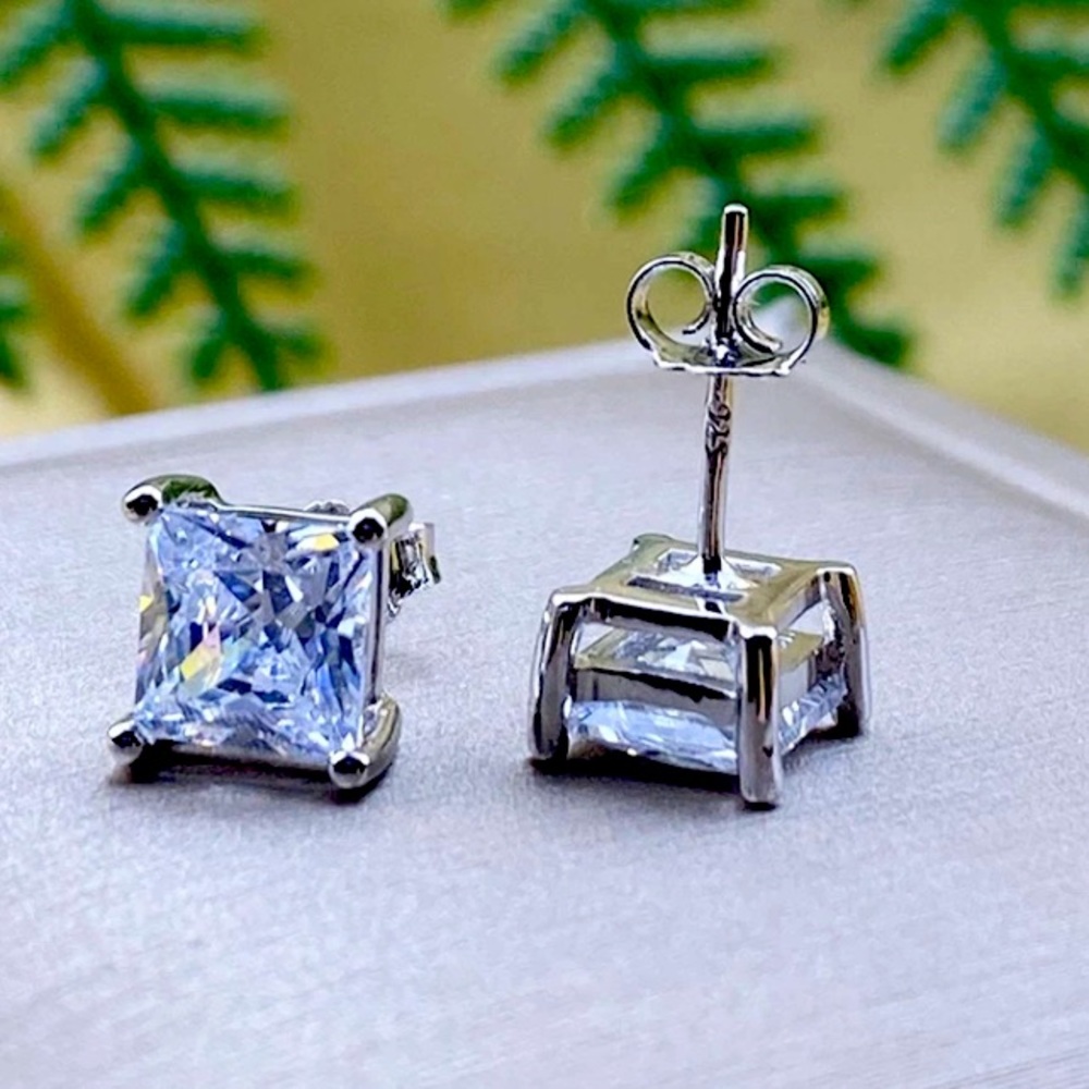 Sterling Silver Square Simulated Diamond Earrings